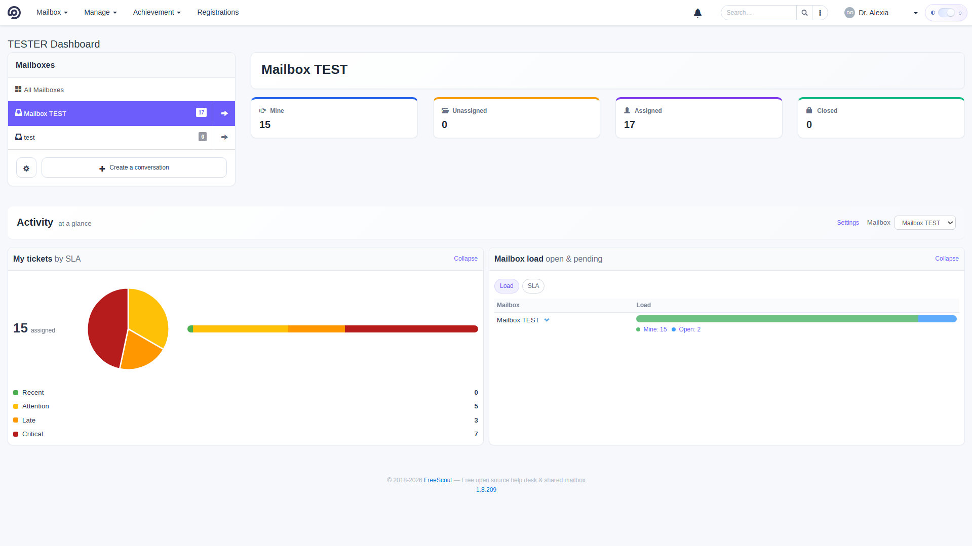 Light-theme FreeScout mailbox dashboard with ownership and SLA information